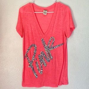 Victoria’s Secret’s Pink Coral V Neck Sequin T Shirt
